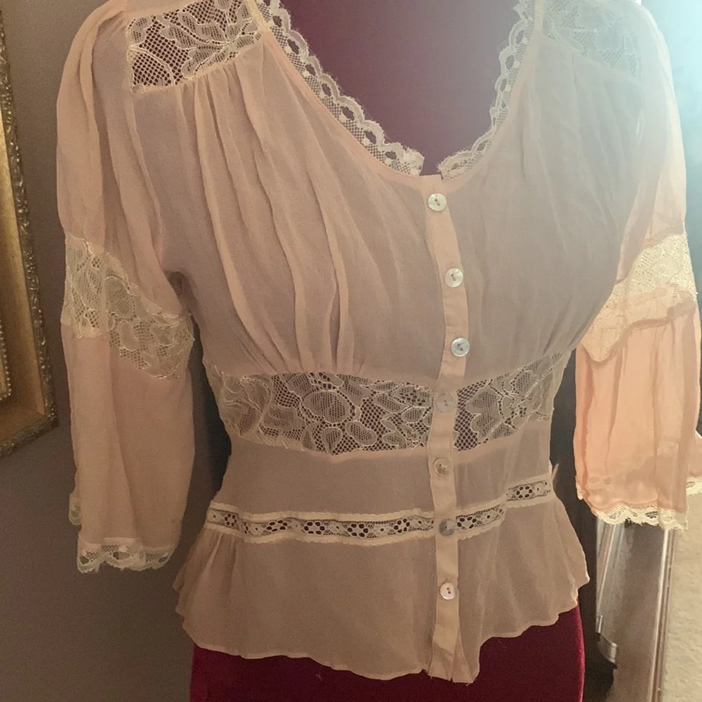 Y2K Lace Peach Victorian Style Blouse Small Cottagecore - Picture 4 of 7